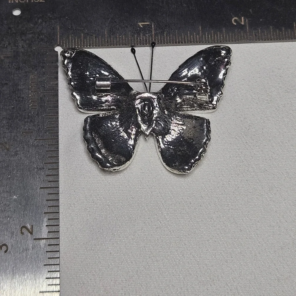 Butterfly Brooch Womens OS Black Rhinestone Pave Silver Tone Goth Y2K